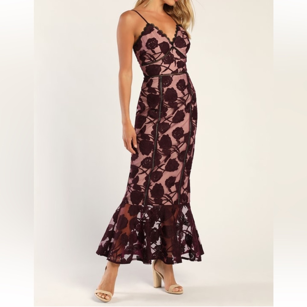 Lulu’s Alluring Dream Floral Lace Mesh Trumpet Midi Dress